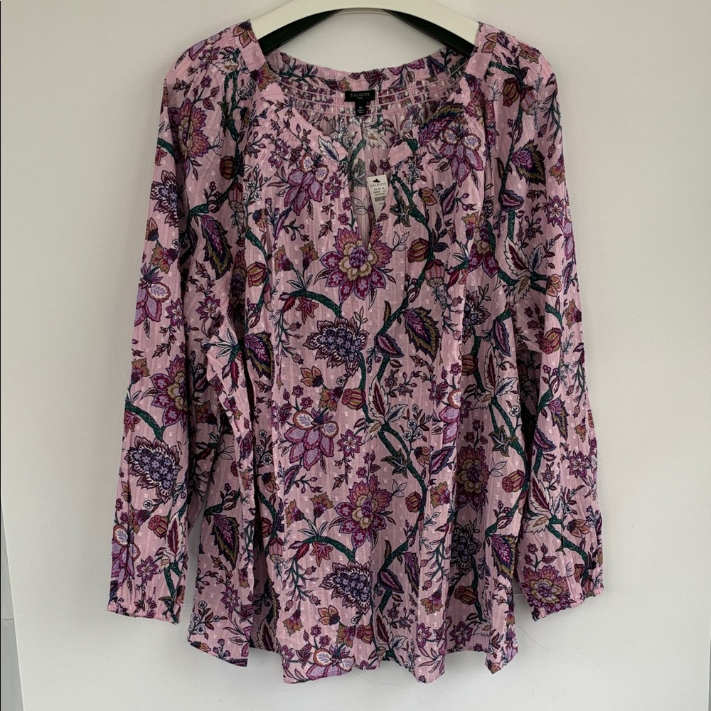Talbots Smocked Top in Blooming Jacobean Floral Metallic Cotton Blouse 3X